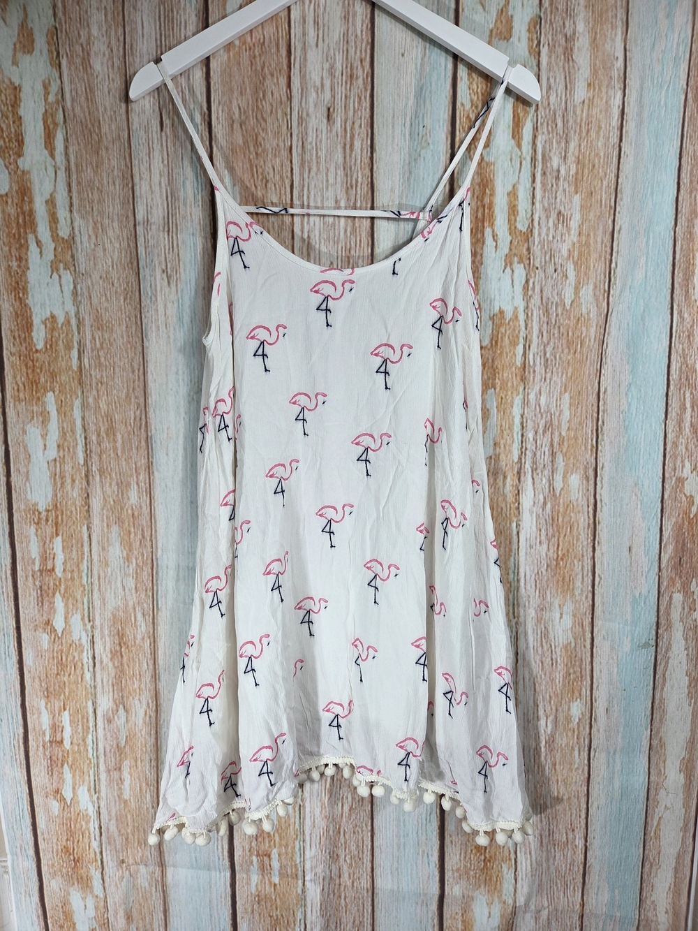Buddy Basics Women's White Flamingo Print Slip Dress with Pom Trim. Size Small